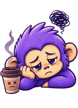 Loggy the mascot slumped over, exhausted, next to a finished coffee